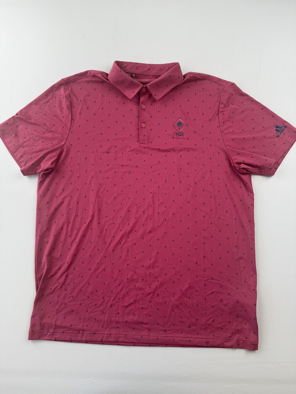 Adidas Polo Shirt Mens XL Pink Primegreen Palm Tree Graphic Golf Performance